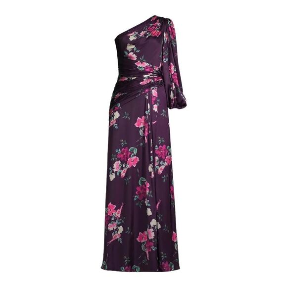 Mac Duggal 2634 Plum Purple Floral Print One Sleeve Slit Gown Size Small NWT - Picture 7 of 11